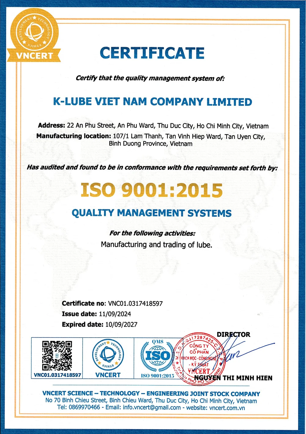 Giấy chứng nhận ISO 9001:2015 (bản tiếng Anh)