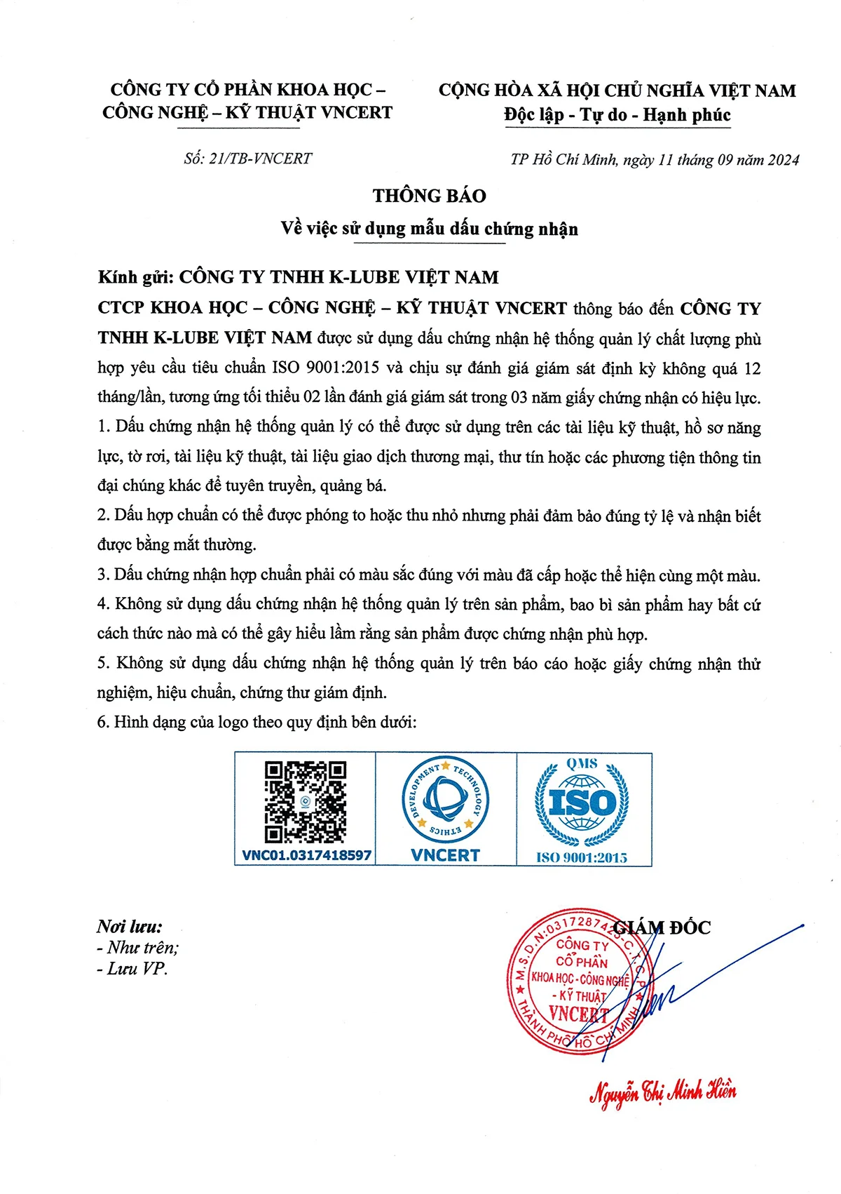 Thông báo sử dụng dấu chứng nhận ISO 9001:2015